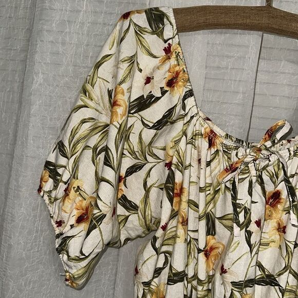 Kensie Jeans L Beige Gold Green Lily Linen On Off Shoulder Square Neck Top - Picture 3 of 10